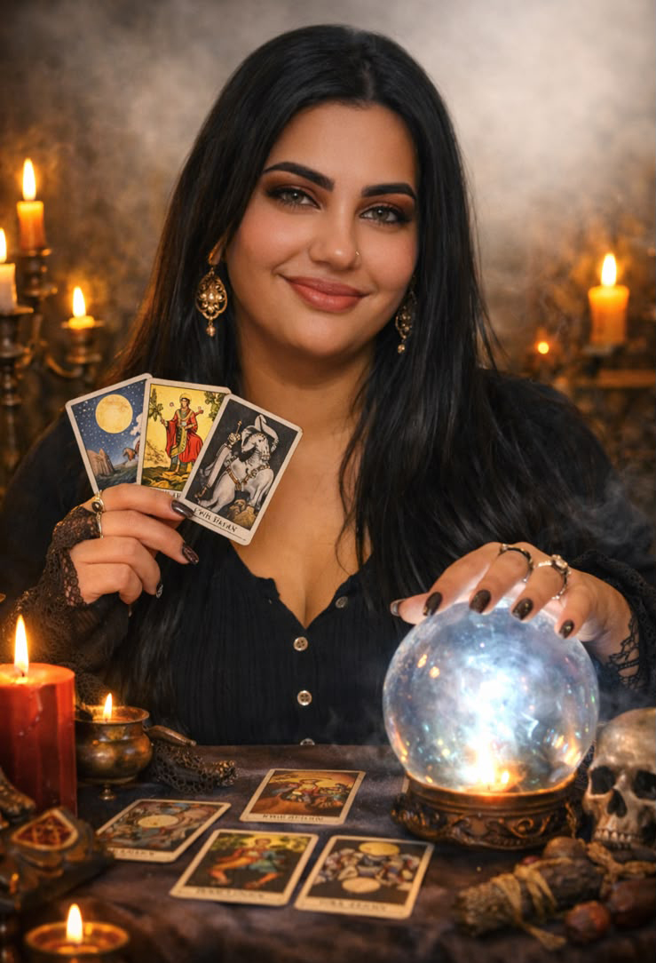 Vrăjitoarea Lavinia cu cărți de tarot și glob de cristal, la lumina lumânărilor