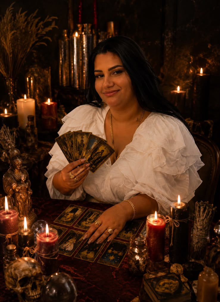Vrăjitoarea Lavinia ținând cărți de tarot antichizate la lumina lumânărilor