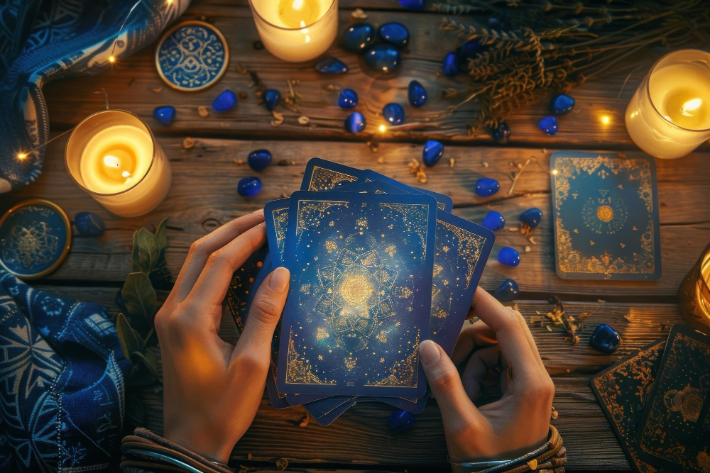 Masa de lucru a Vrăjitoarei Lavinia, cu lumânări și cărți de tarot